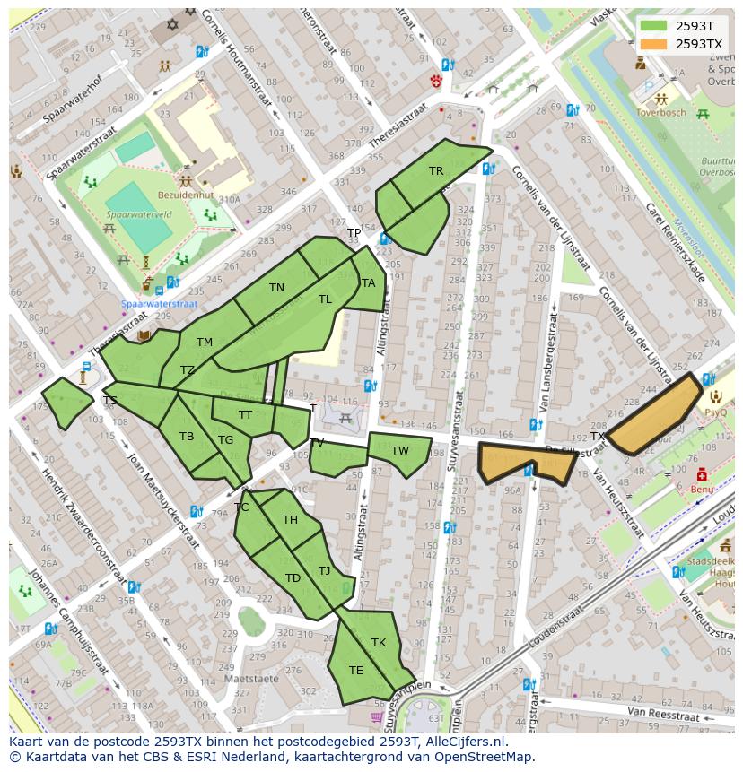 Afbeelding van het postcodegebied 2593 TX op de kaart.