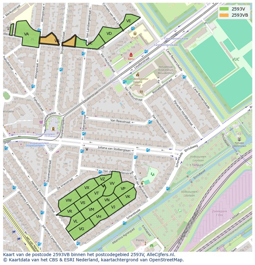 Afbeelding van het postcodegebied 2593 VB op de kaart.