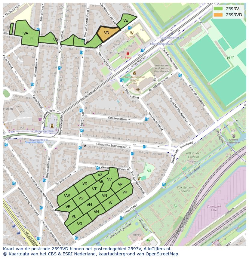 Afbeelding van het postcodegebied 2593 VD op de kaart.