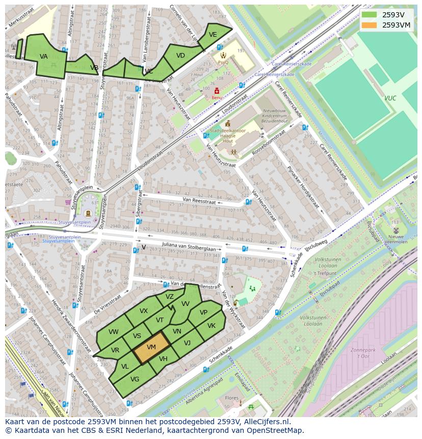 Afbeelding van het postcodegebied 2593 VM op de kaart.