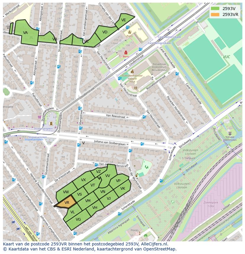 Afbeelding van het postcodegebied 2593 VR op de kaart.