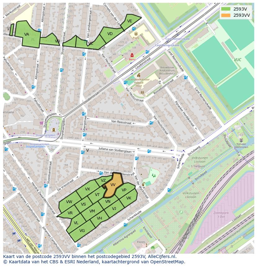 Afbeelding van het postcodegebied 2593 VV op de kaart.