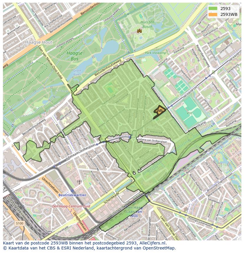 Afbeelding van het postcodegebied 2593 WB op de kaart.