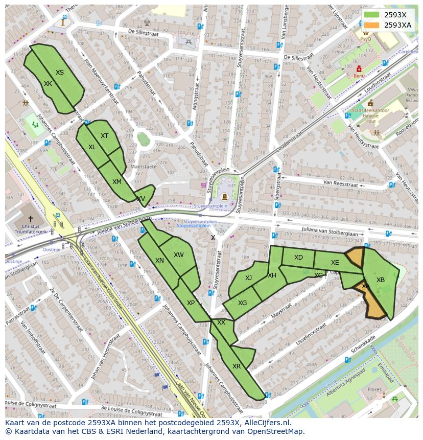 Afbeelding van het postcodegebied 2593 XA op de kaart.