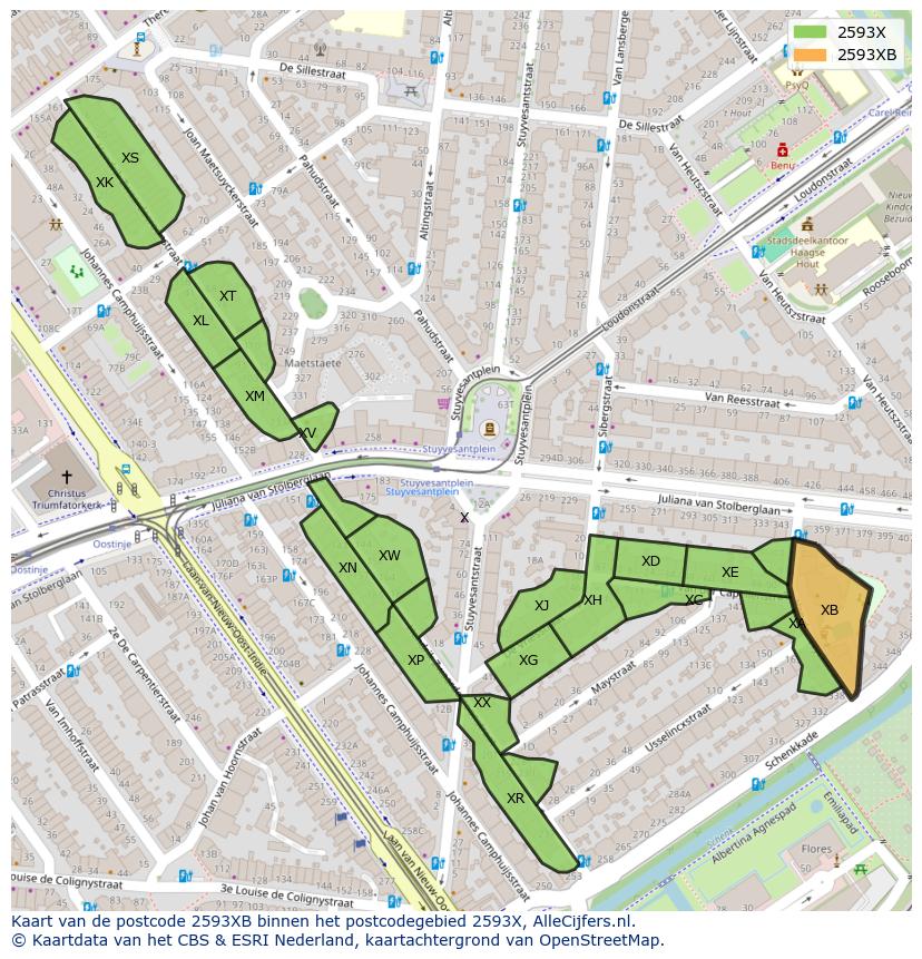 Afbeelding van het postcodegebied 2593 XB op de kaart.