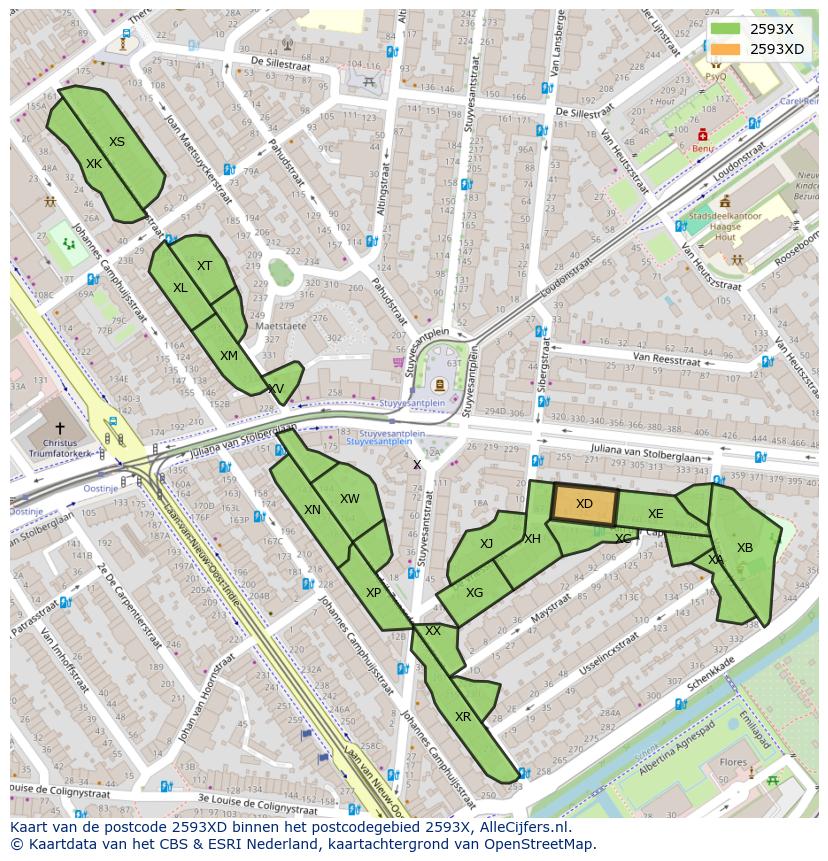 Afbeelding van het postcodegebied 2593 XD op de kaart.