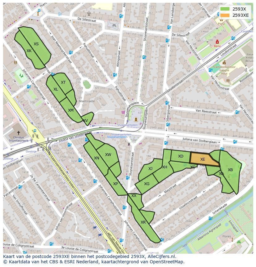 Afbeelding van het postcodegebied 2593 XE op de kaart.