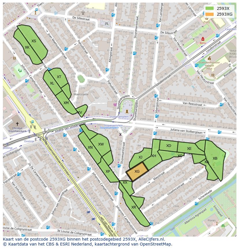 Afbeelding van het postcodegebied 2593 XG op de kaart.
