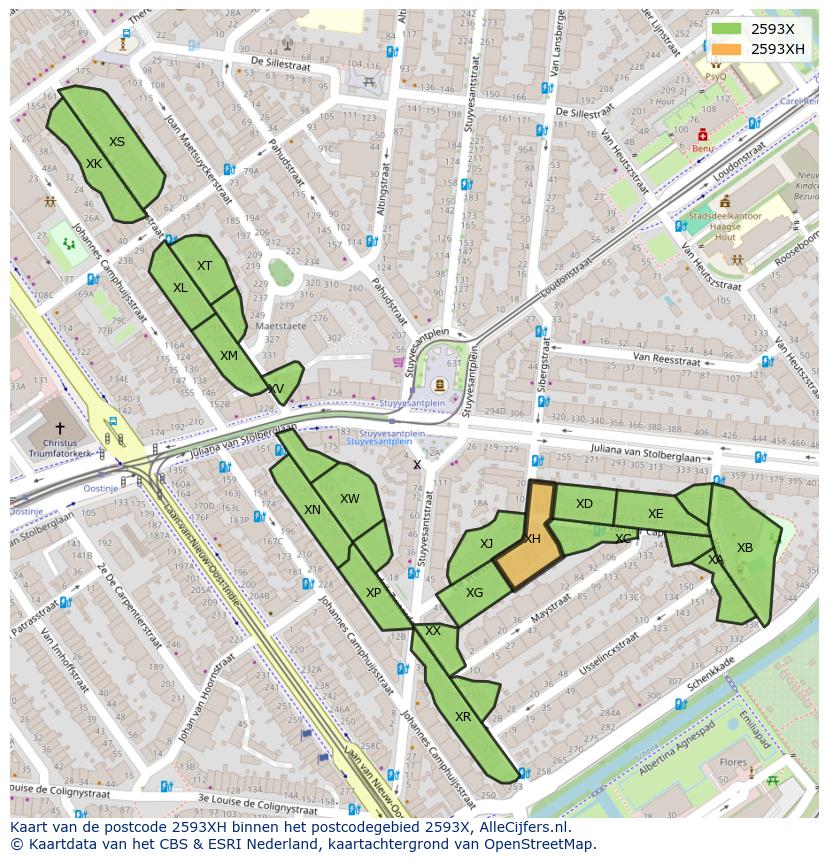 Afbeelding van het postcodegebied 2593 XH op de kaart.