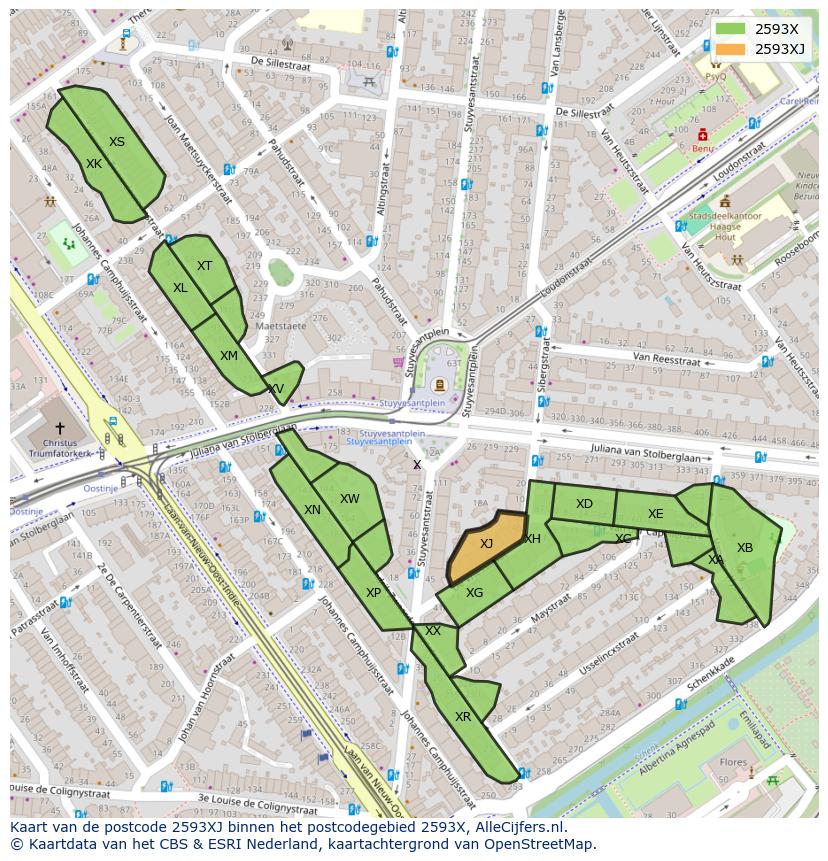 Afbeelding van het postcodegebied 2593 XJ op de kaart.