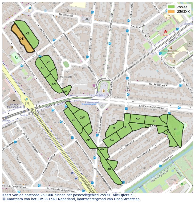 Afbeelding van het postcodegebied 2593 XK op de kaart.