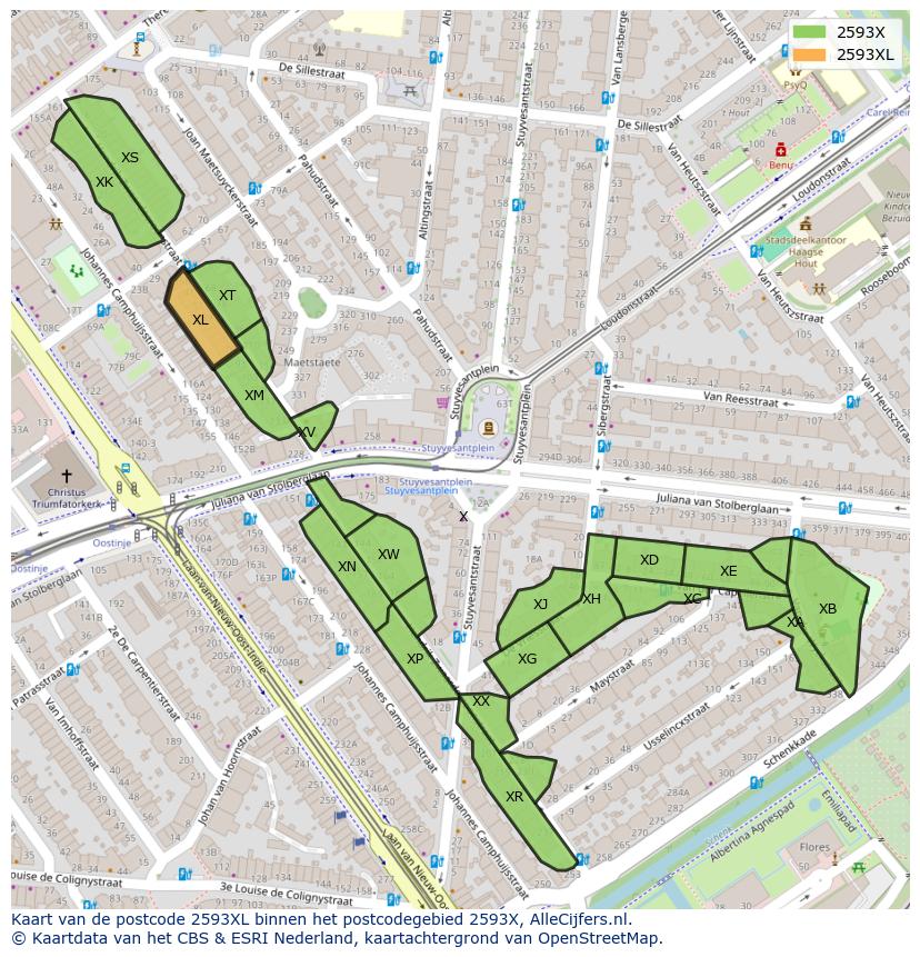 Afbeelding van het postcodegebied 2593 XL op de kaart.