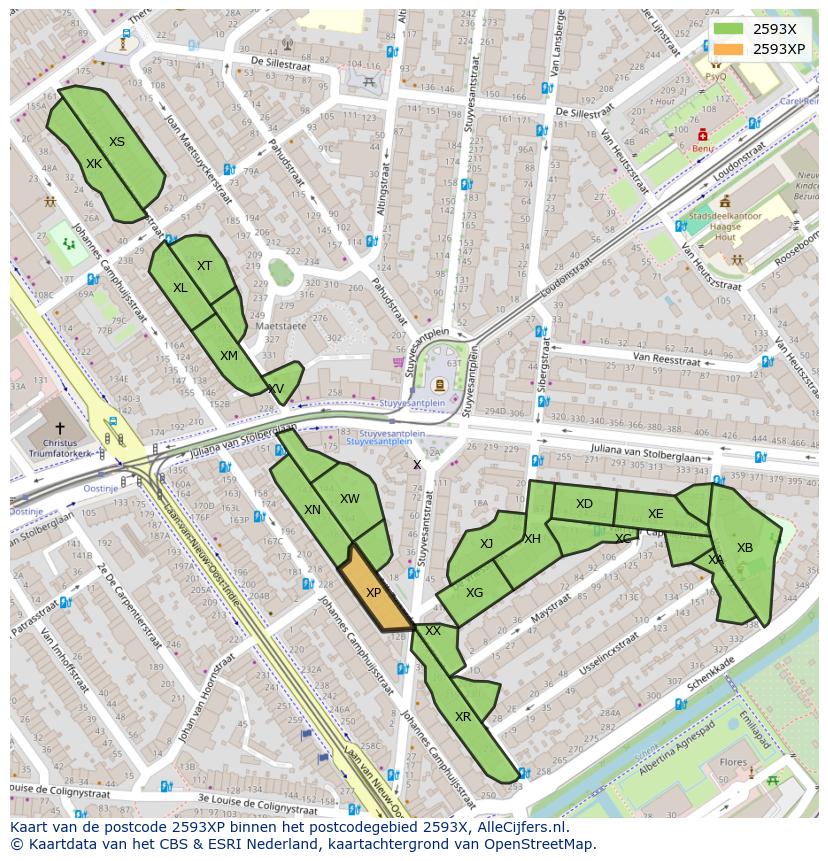 Afbeelding van het postcodegebied 2593 XP op de kaart.