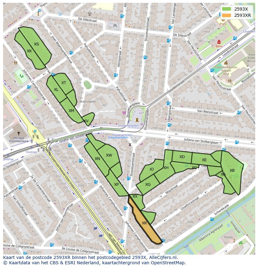 Afbeelding van het postcodegebied 2593 XR op de kaart.