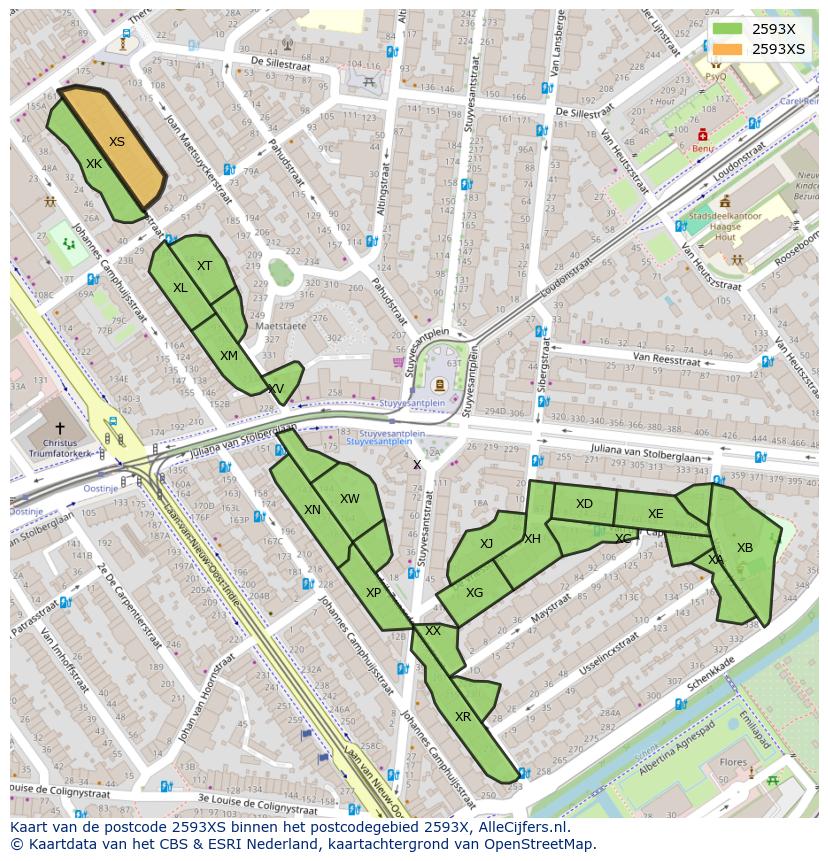 Afbeelding van het postcodegebied 2593 XS op de kaart.