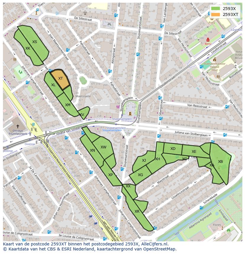 Afbeelding van het postcodegebied 2593 XT op de kaart.