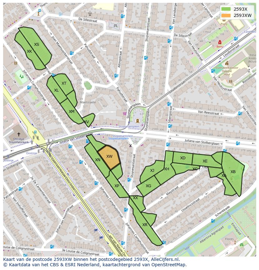 Afbeelding van het postcodegebied 2593 XW op de kaart.