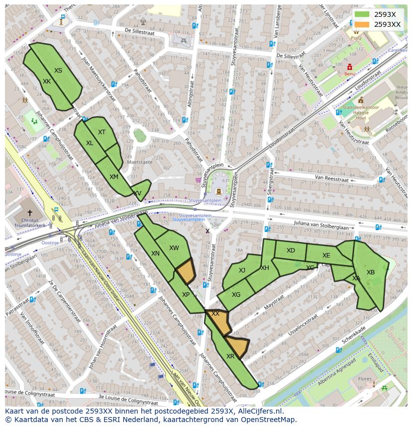 Afbeelding van het postcodegebied 2593 XX op de kaart.