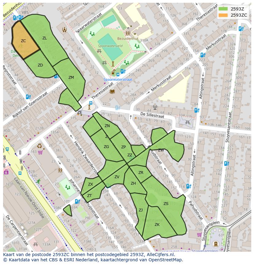 Afbeelding van het postcodegebied 2593 ZC op de kaart.