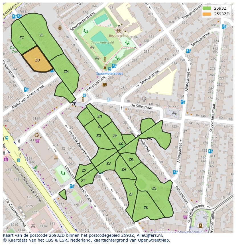 Afbeelding van het postcodegebied 2593 ZD op de kaart.