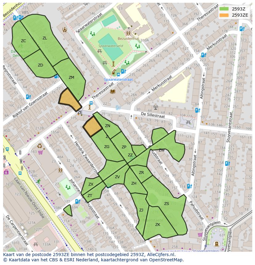 Afbeelding van het postcodegebied 2593 ZE op de kaart.