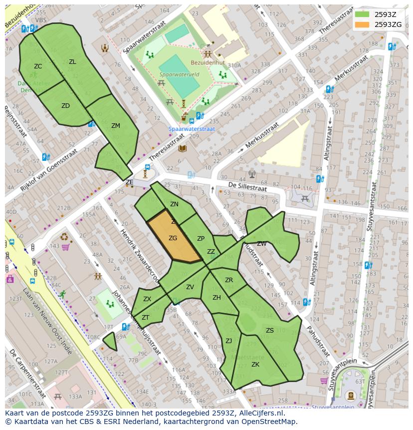 Afbeelding van het postcodegebied 2593 ZG op de kaart.