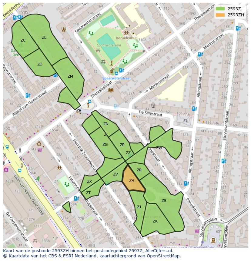 Afbeelding van het postcodegebied 2593 ZH op de kaart.