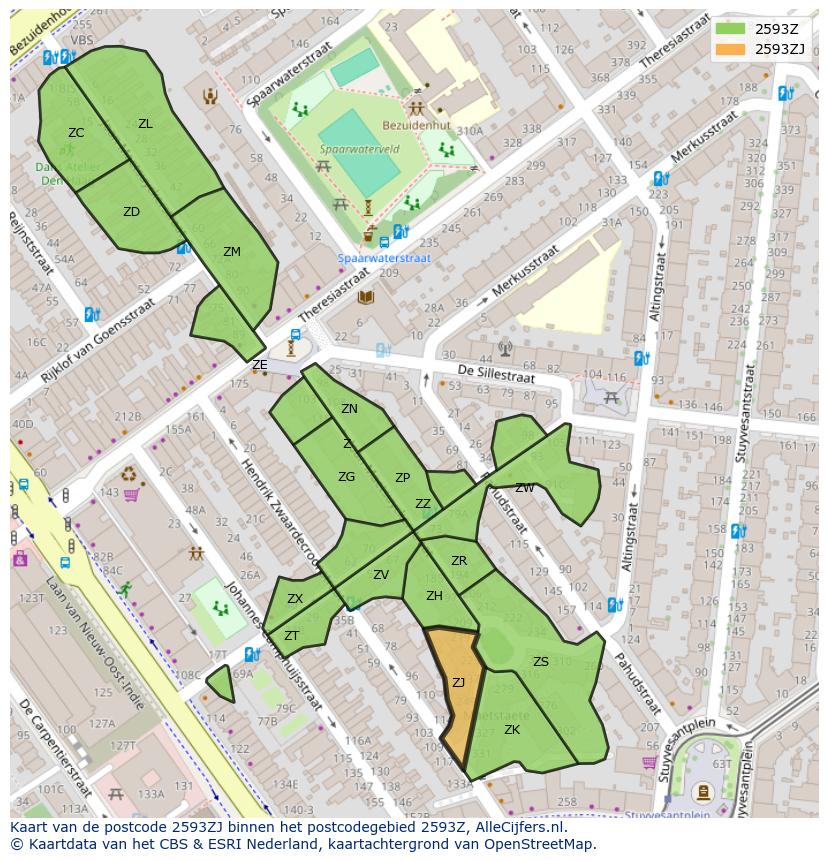 Afbeelding van het postcodegebied 2593 ZJ op de kaart.