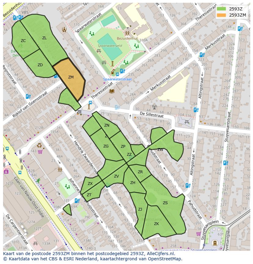 Afbeelding van het postcodegebied 2593 ZM op de kaart.