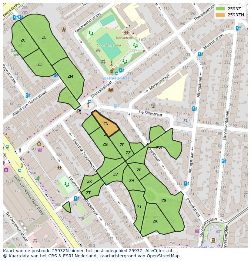Afbeelding van het postcodegebied 2593 ZN op de kaart.