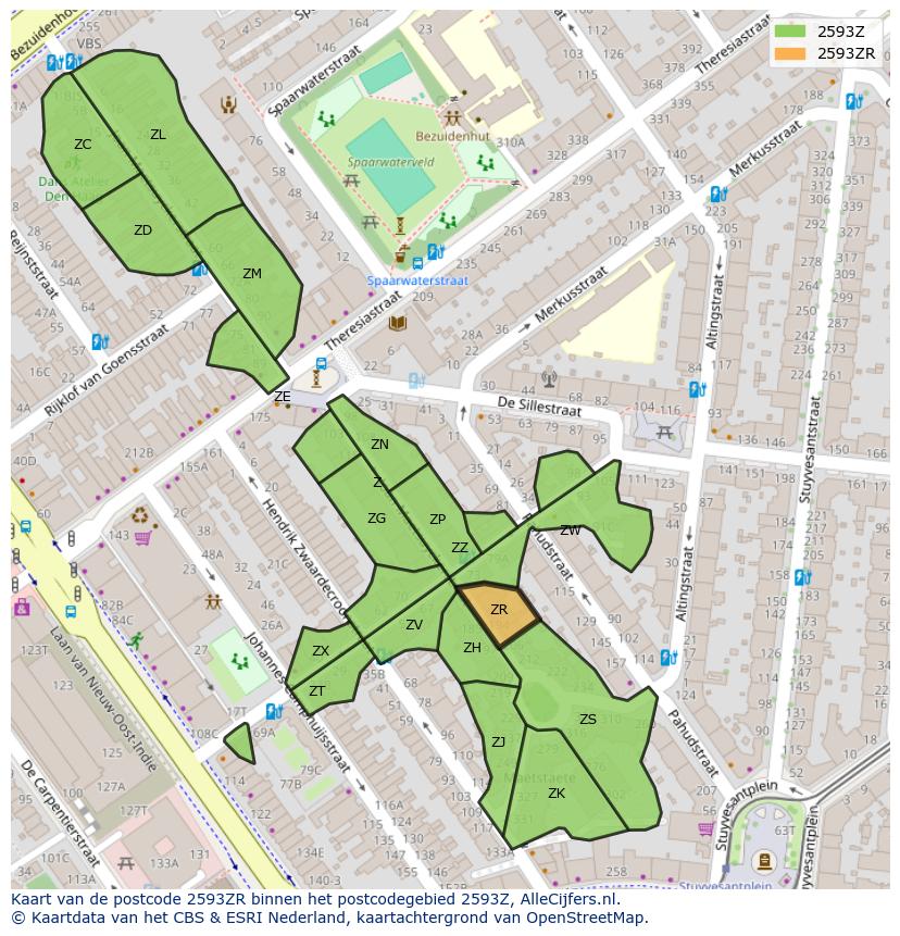 Afbeelding van het postcodegebied 2593 ZR op de kaart.