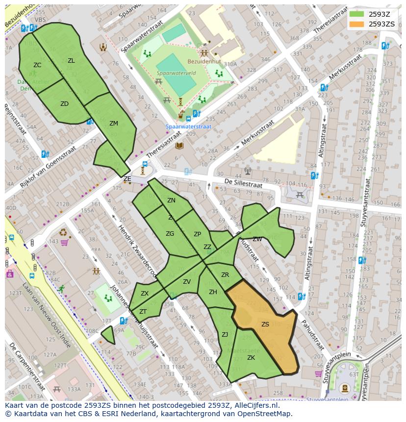 Afbeelding van het postcodegebied 2593 ZS op de kaart.