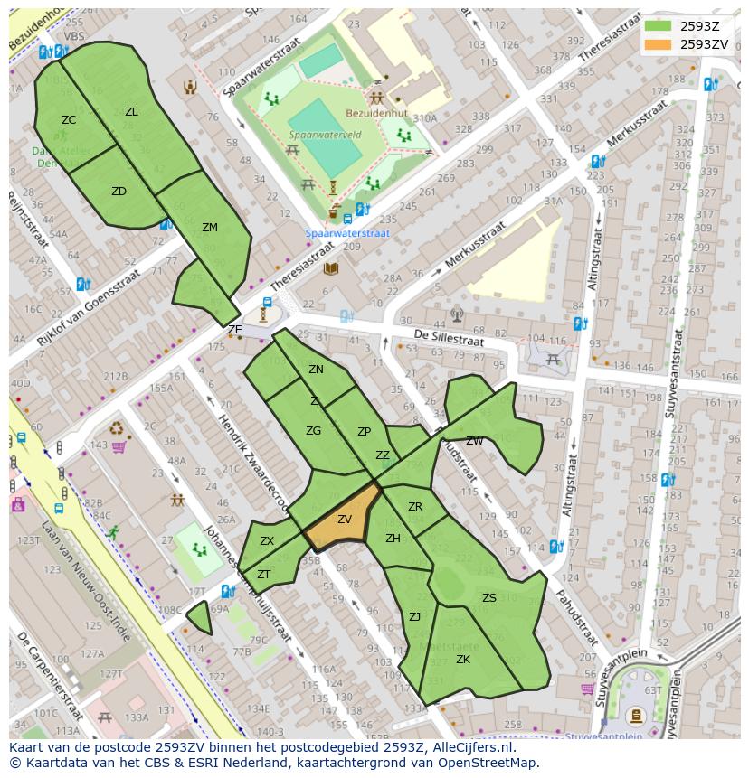 Afbeelding van het postcodegebied 2593 ZV op de kaart.