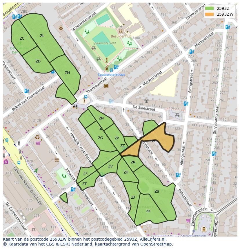 Afbeelding van het postcodegebied 2593 ZW op de kaart.