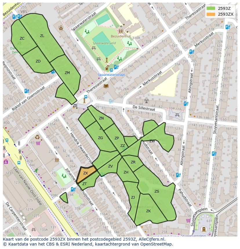 Afbeelding van het postcodegebied 2593 ZX op de kaart.