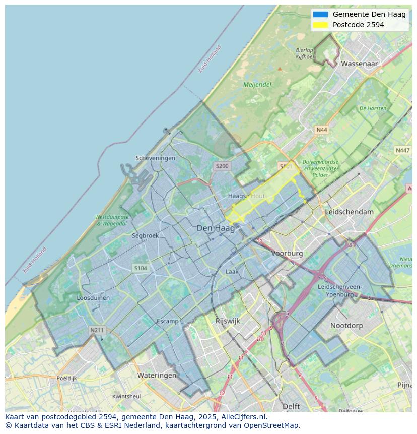 Afbeelding van het postcodegebied 2594 op de kaart.