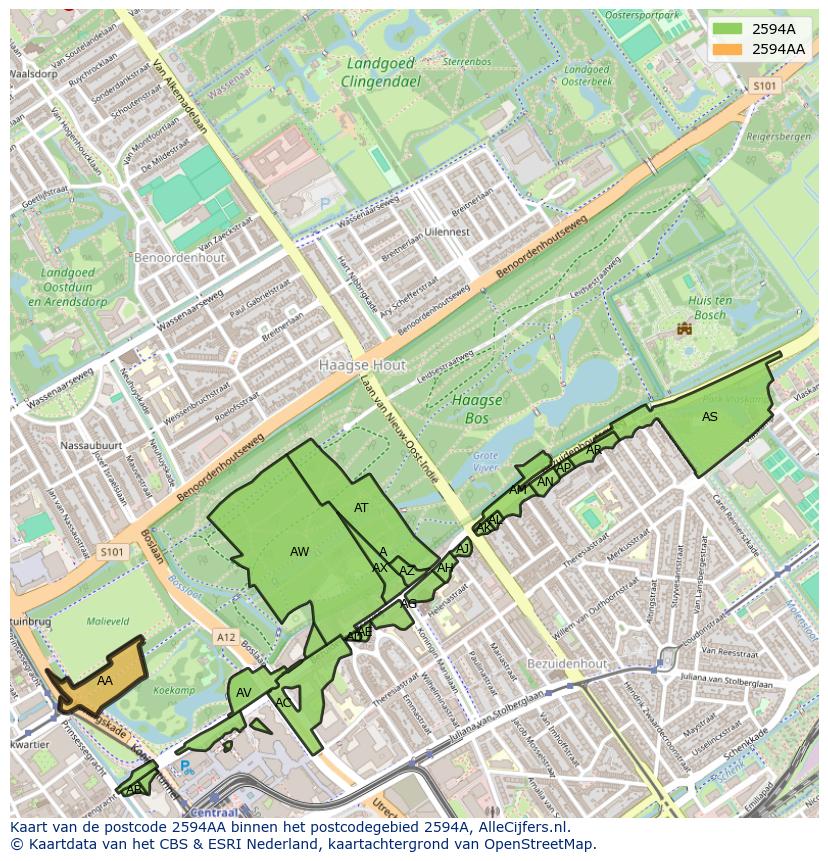 Afbeelding van het postcodegebied 2594 AA op de kaart.