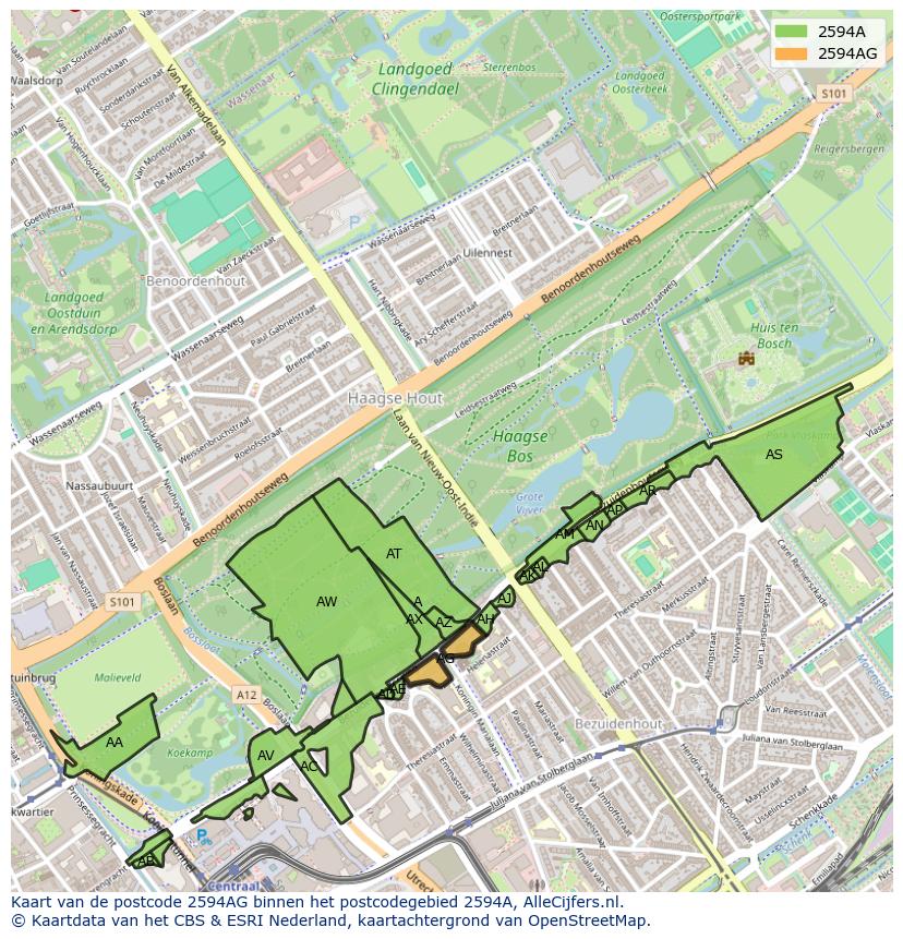 Afbeelding van het postcodegebied 2594 AG op de kaart.