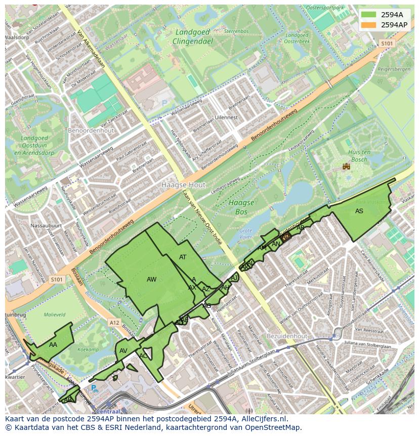 Afbeelding van het postcodegebied 2594 AP op de kaart.