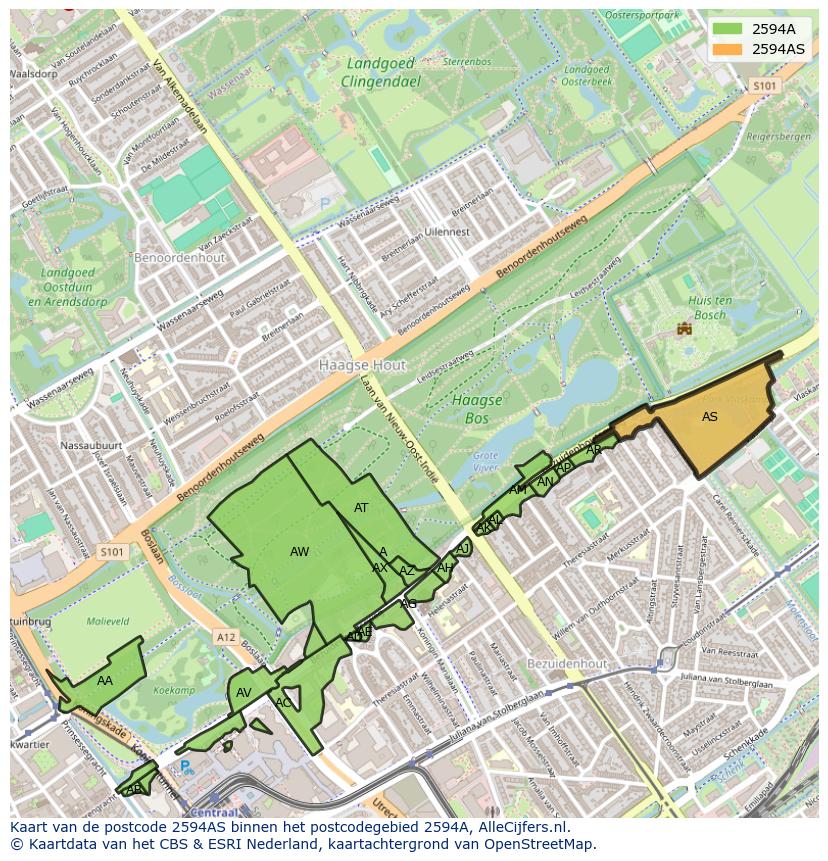 Afbeelding van het postcodegebied 2594 AS op de kaart.