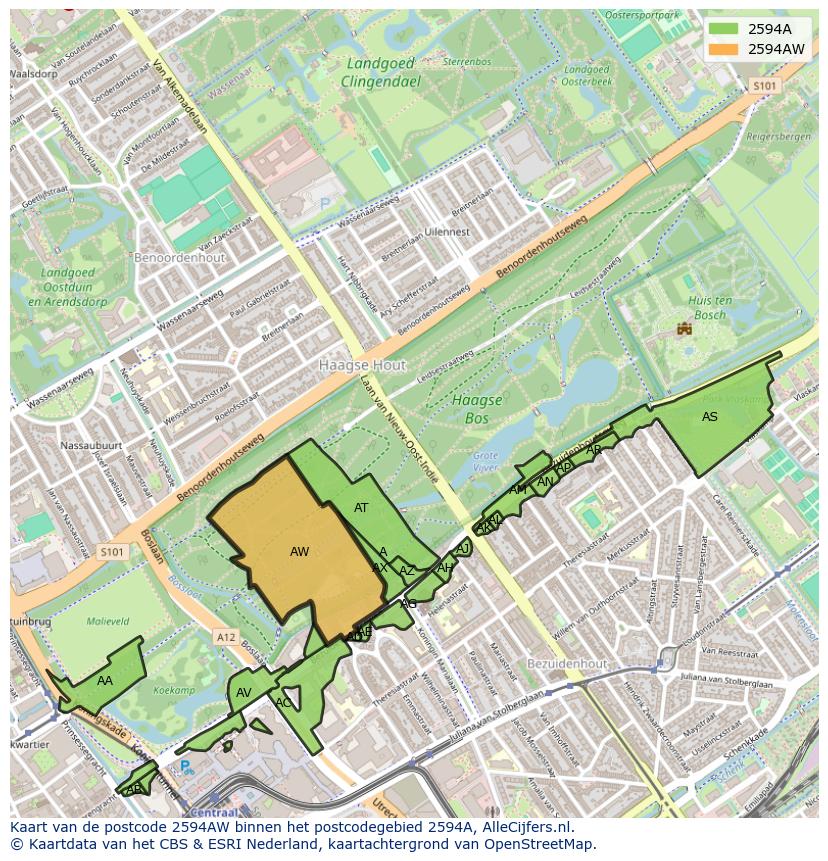 Afbeelding van het postcodegebied 2594 AW op de kaart.