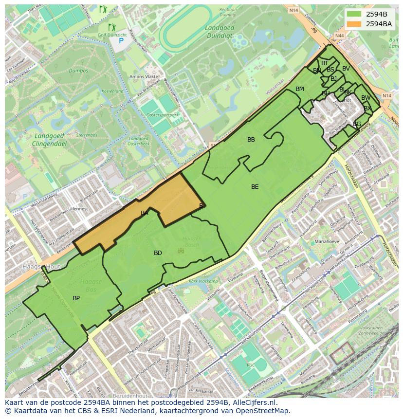 Afbeelding van het postcodegebied 2594 BA op de kaart.