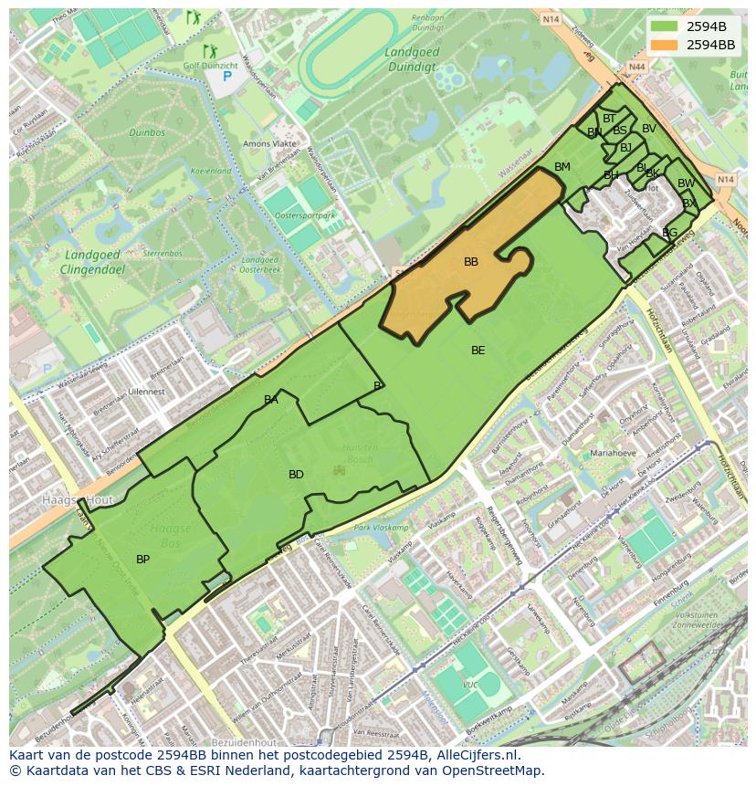 Afbeelding van het postcodegebied 2594 BB op de kaart.