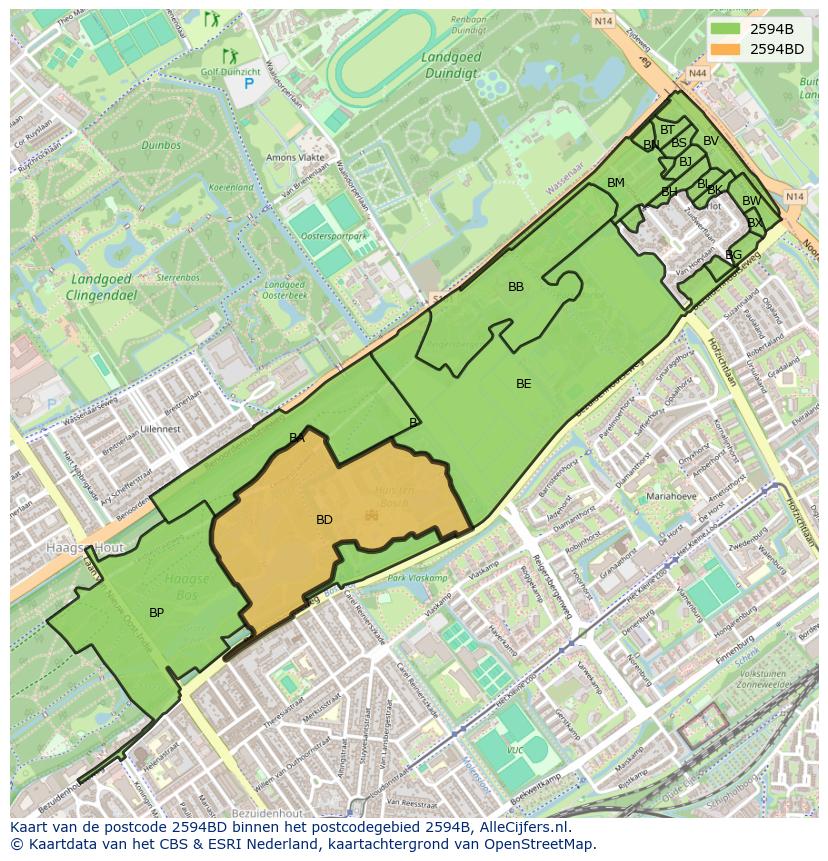 Afbeelding van het postcodegebied 2594 BD op de kaart.