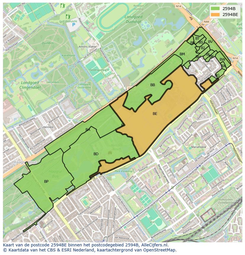 Afbeelding van het postcodegebied 2594 BE op de kaart.