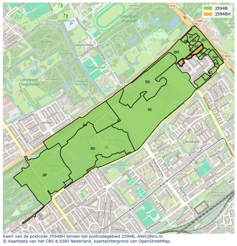 Afbeelding van het postcodegebied 2594 BH op de kaart.