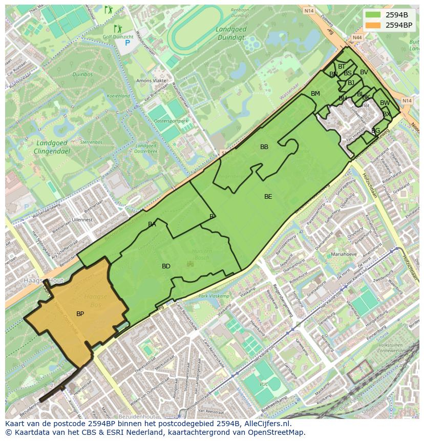 Afbeelding van het postcodegebied 2594 BP op de kaart.