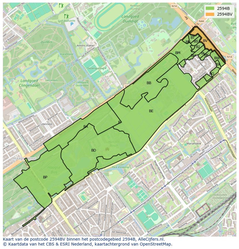 Afbeelding van het postcodegebied 2594 BV op de kaart.