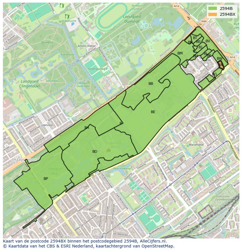 Afbeelding van het postcodegebied 2594 BX op de kaart.