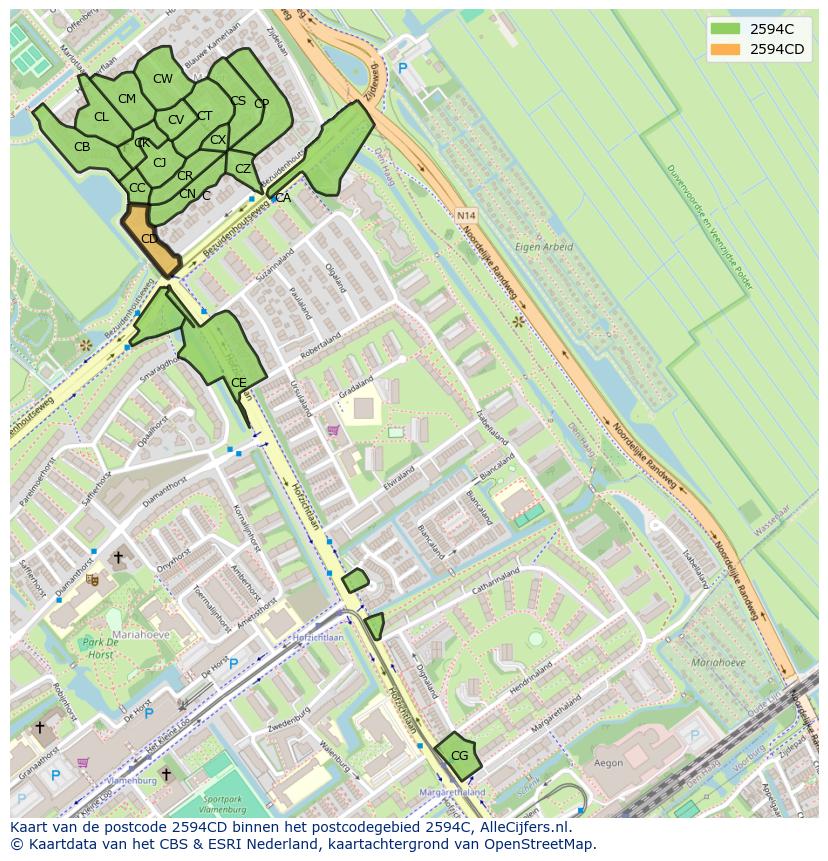 Afbeelding van het postcodegebied 2594 CD op de kaart.